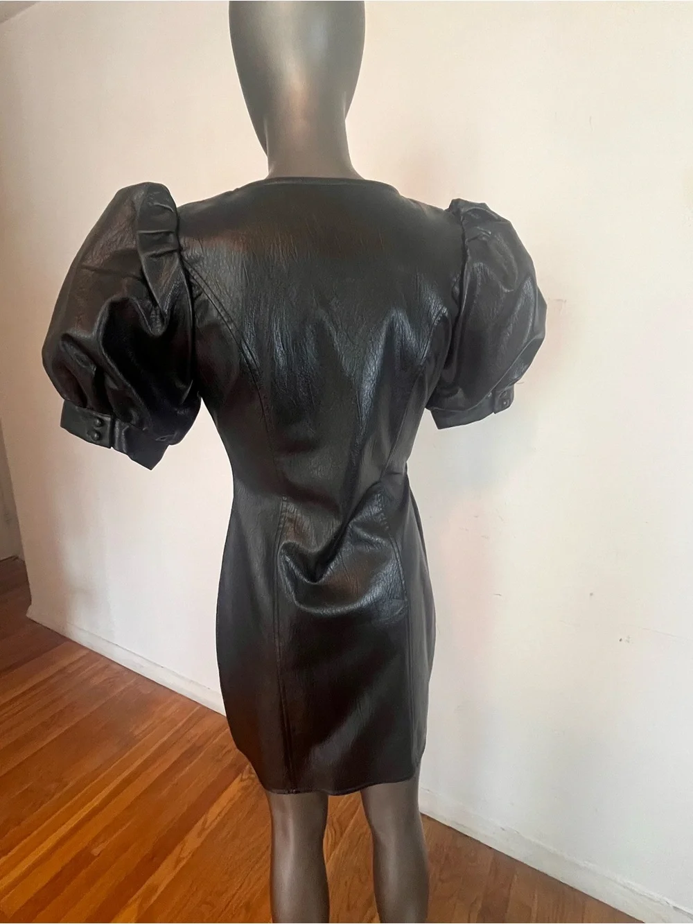 ASOS Black Faux Leather Puff-Sleeve Wrap Dress - Picture 5 of 9